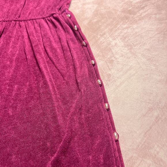 Vintage 70s Union Made Magenta Terry Cloth Shirt Waist Dress Side Button Midi - Picture 7 of 12